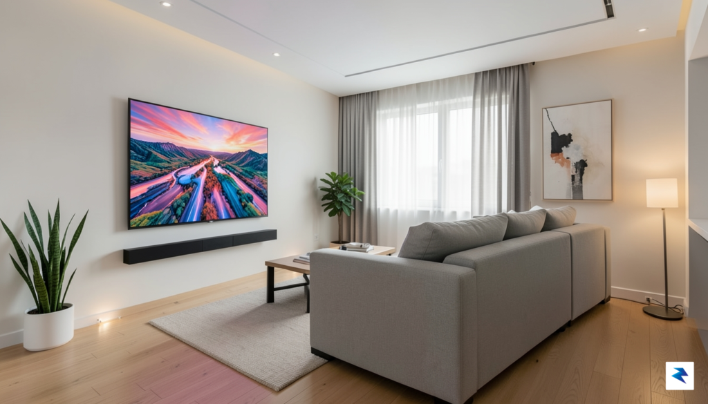 A modern, minimalist living room featuring a large, vibrant 4K&hellip;