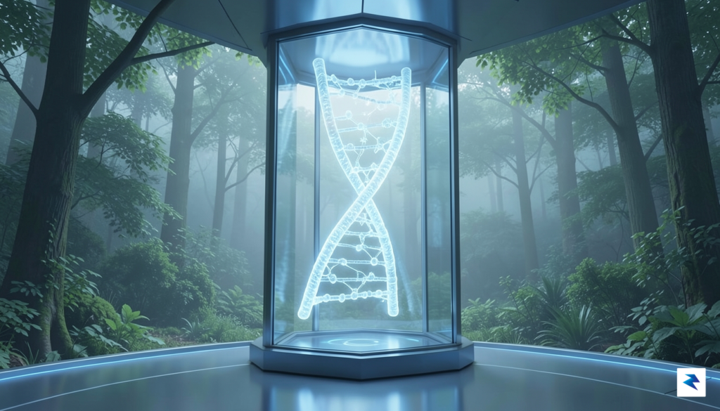 A conceptual digital illustration showing a glowing, double-helix DNA strand&hellip;