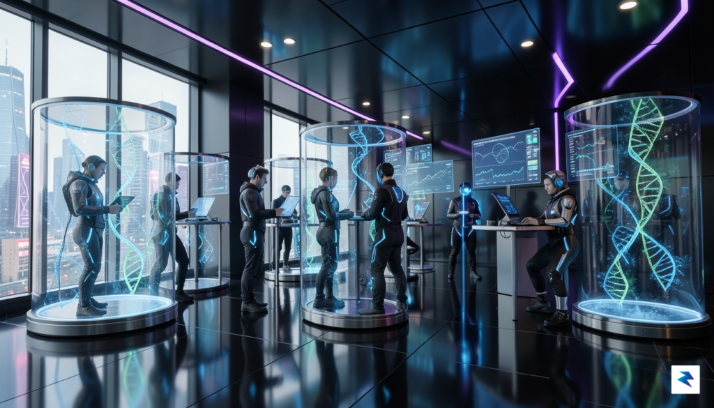 A sleek, high-tech, futuristic facility interior featuring glowing, circular cryogenic&hellip;
