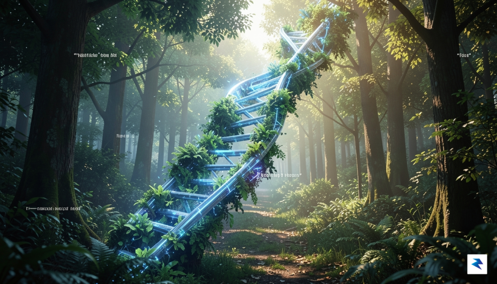 A conceptual representation of a futuristic, glowing digital DNA helix&hellip;
