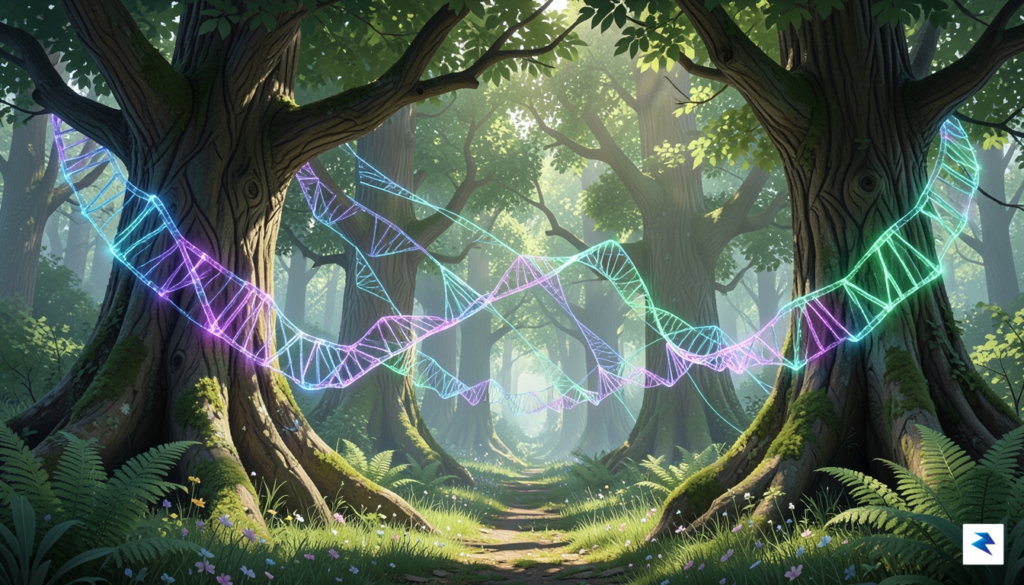 A conceptual digital illustration showing a lush, vibrant forest seamlessly&hellip;