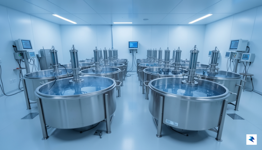A high-tech cryo-storage facility featuring rows of gleaming, liquid nitrogen-cooled&hellip;