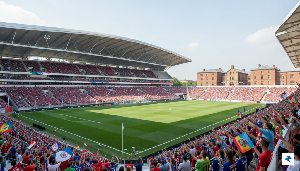 A wide-angle shot of a massive, modern soccer stadium filled…