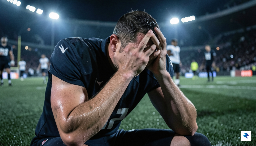 A close-up, dramatic shot of a professional football player sitting…