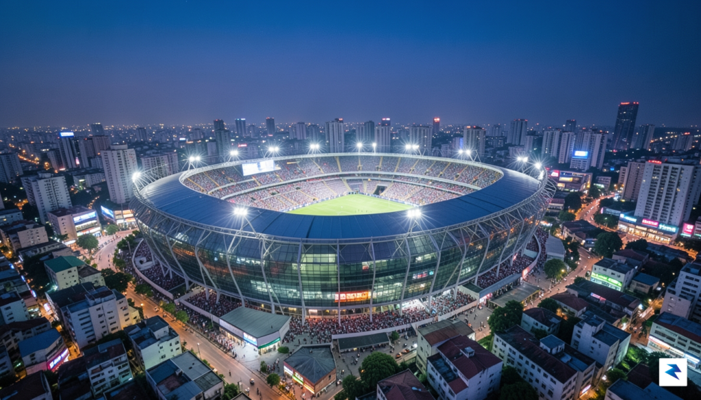 A wide-angle aerial shot of a massive, modern soccer stadium…