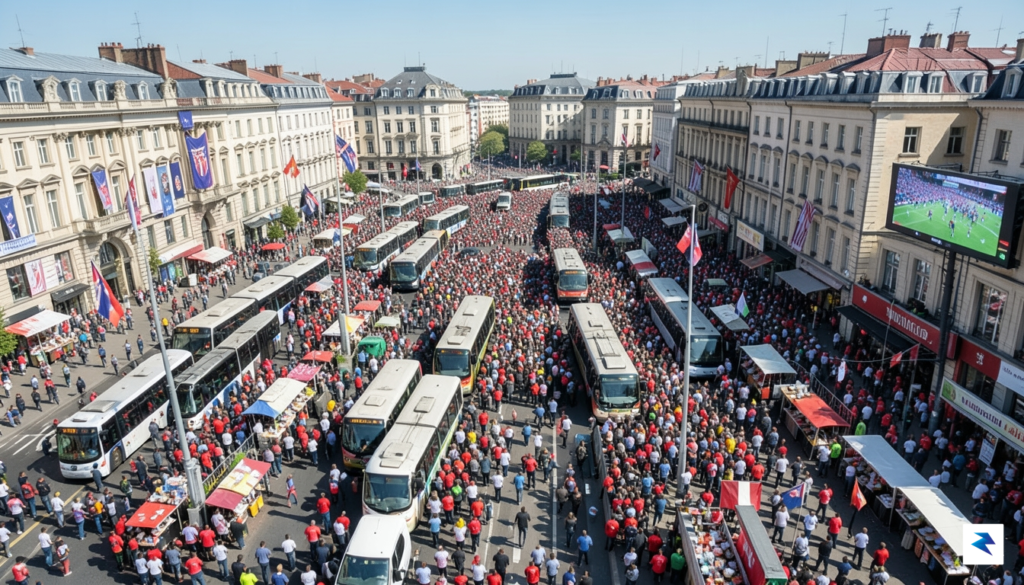 An aerial view of a bustling, congested city center during…