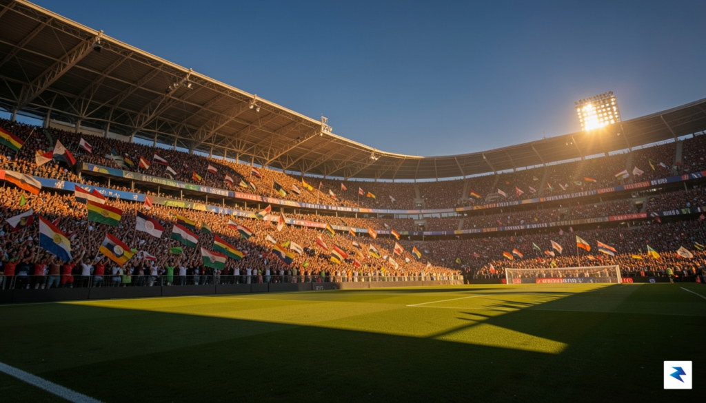 A wide-angle shot of a crowded, vibrant football stadium during…