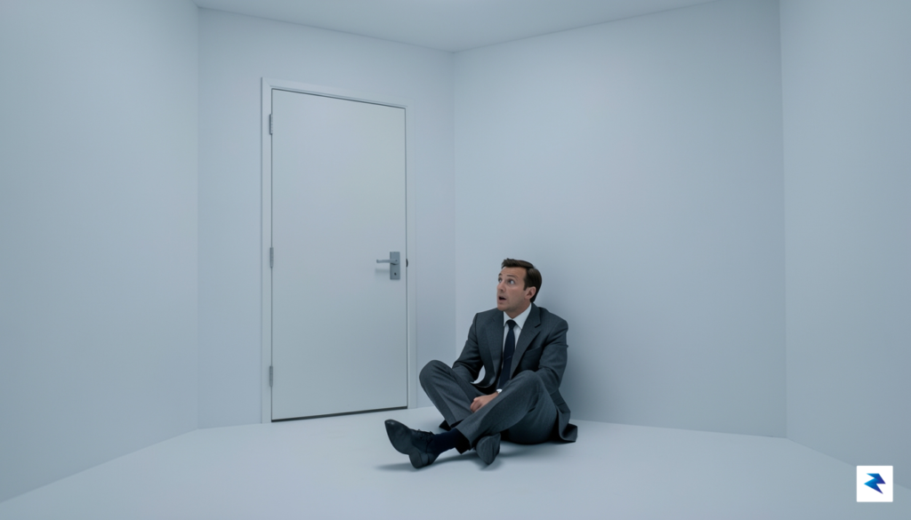 A man in a suit sits bewildered in a stark&hellip;