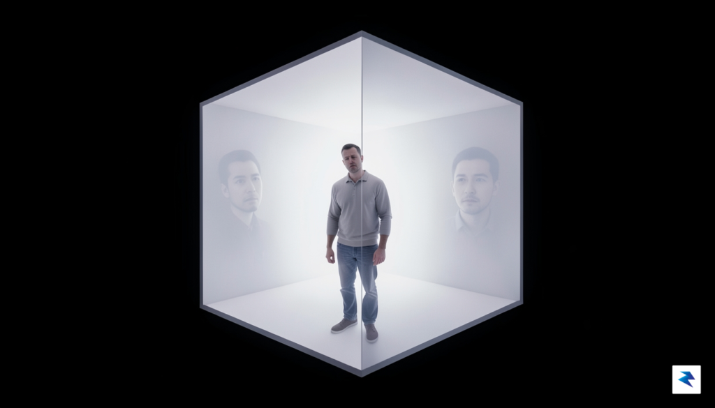 A surreal, minimalist digital illustration of a man trapped inside&hellip;