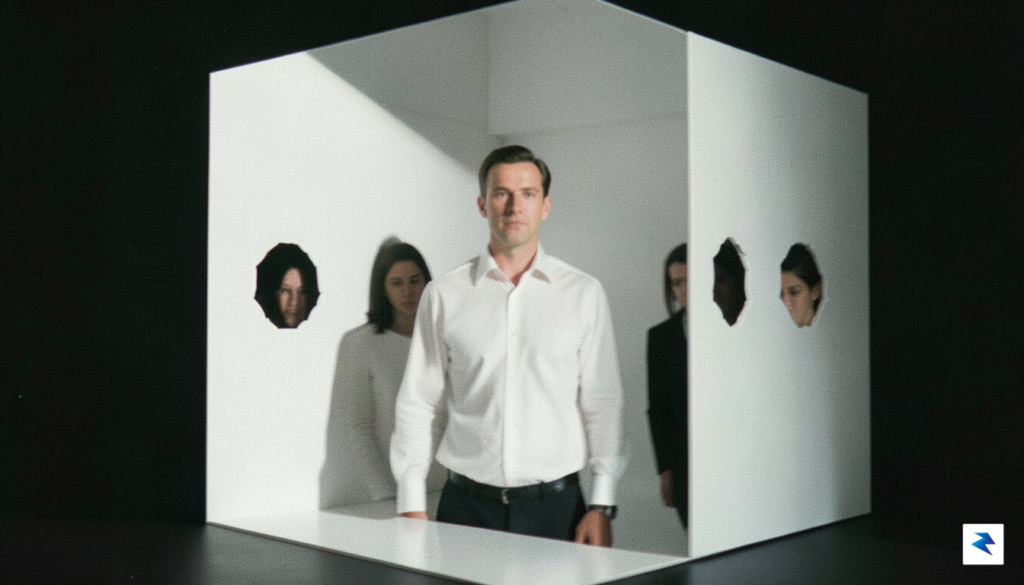A surreal, minimalist scene from a 1960s television set, depicting&hellip;