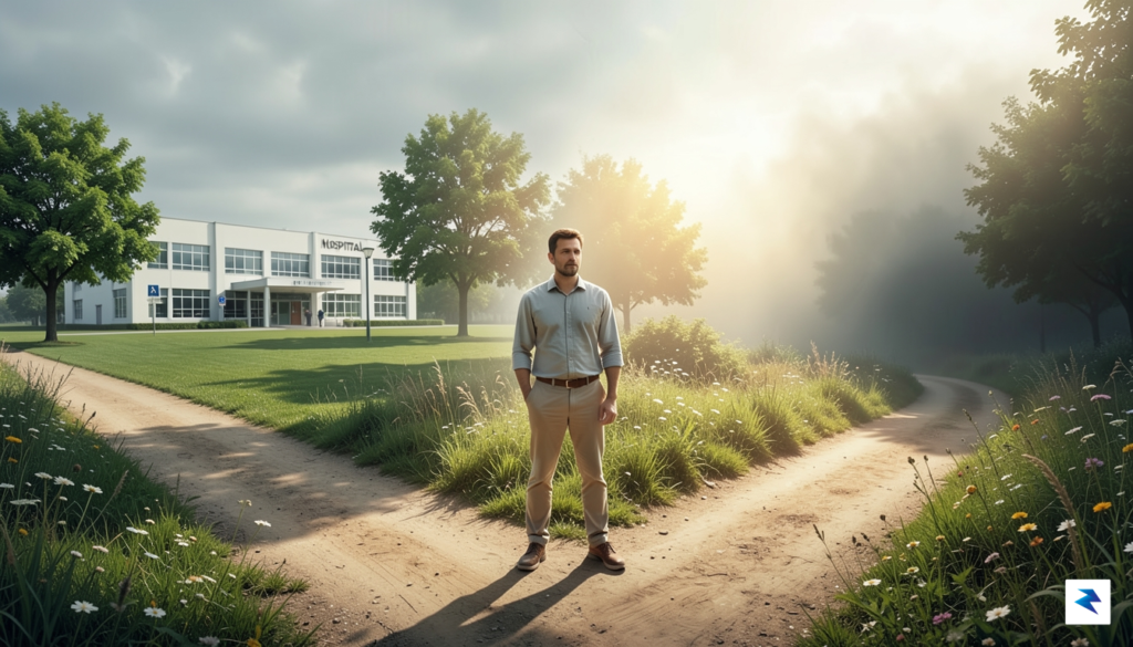A conceptual illustration showing a person standing at a crossroads,…