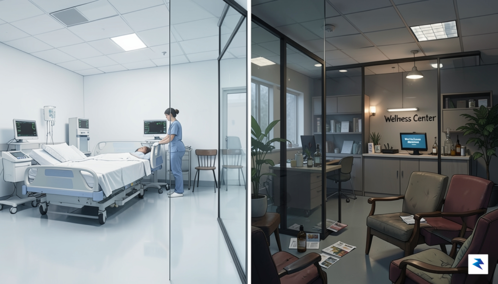 A conceptual illustration showing a glass barrier separating a sterile,…