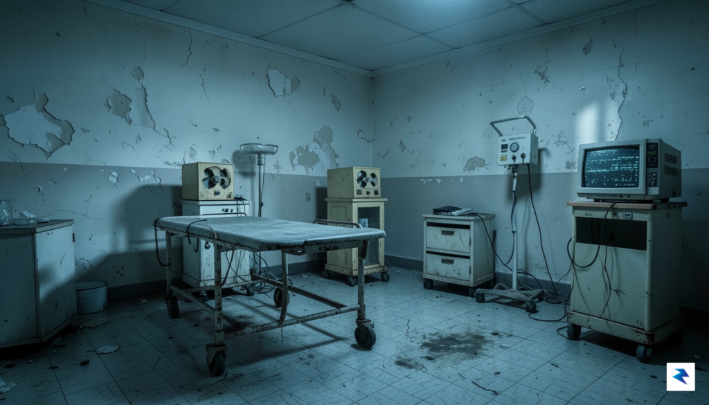 A somber, high-contrast photograph of a sterile, dimly lit room…