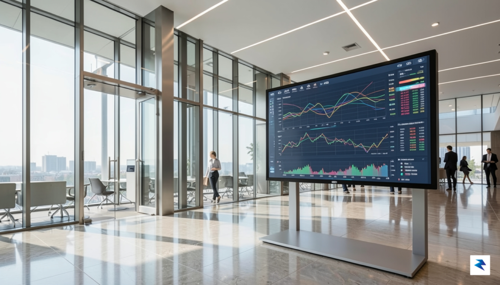 A modern, sleek glass-and-steel bank interior with a digital dashboard&hellip;
