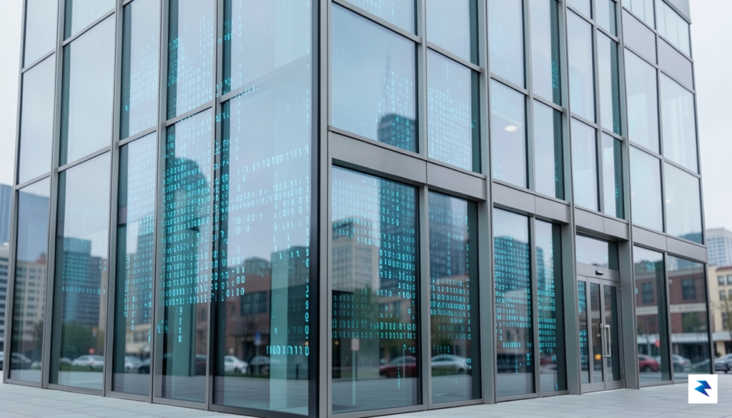 A modern glass-and-steel bank building exterior, reflecting a blurred cityscape,&hellip;
