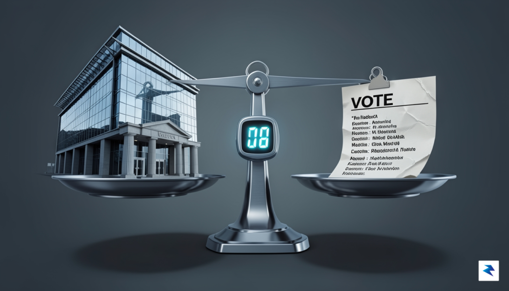 A conceptual illustration showing a digital scale balancing a bank&hellip;
