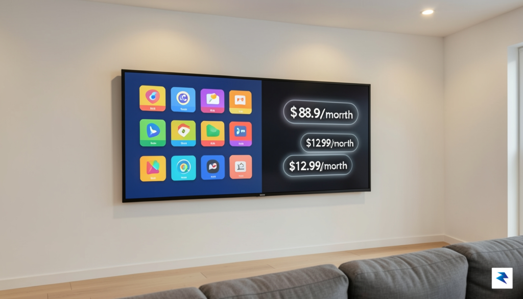 A modern living room setup showing a split screen of&hellip;