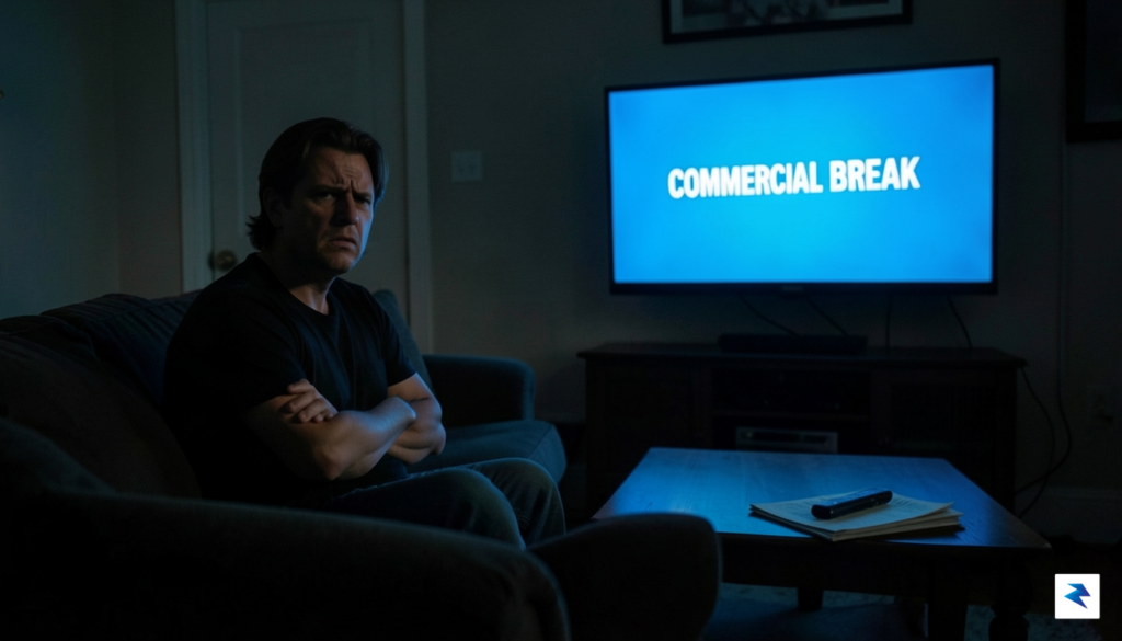 A cinematic, dimly lit living room where a glowing television&hellip;