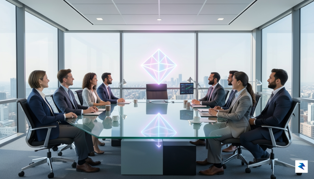 A conceptual digital illustration showing a glass boardroom table where&hellip;