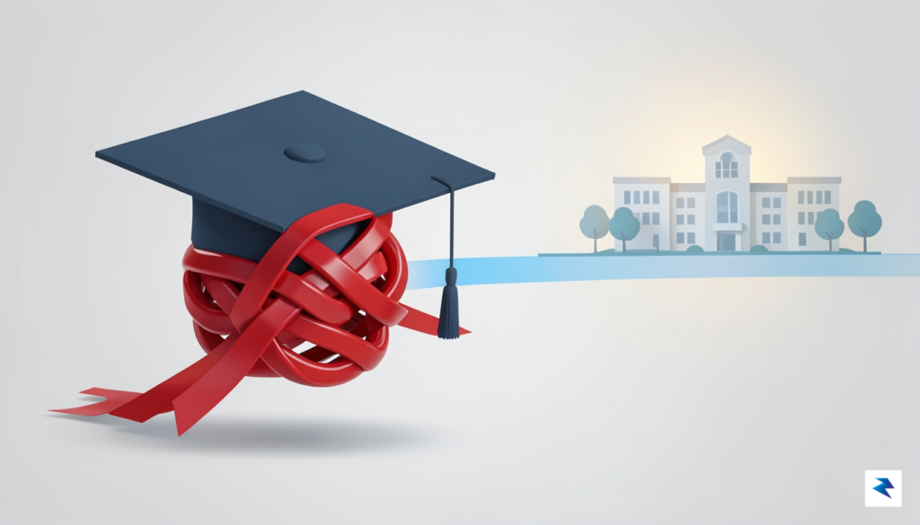 A modern, minimalist graphic showing a graduation cap transition from…