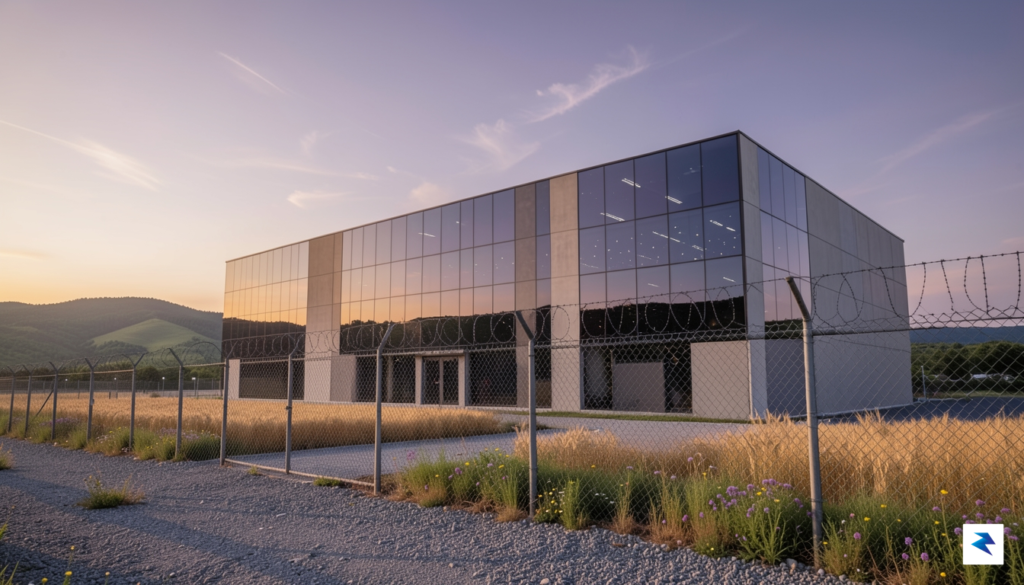 A wide-angle shot of a massive, modern data center building&hellip;