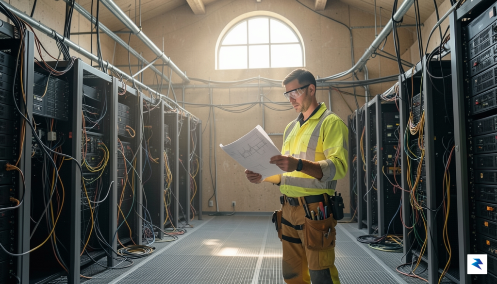 A wide-angle, cinematic shot of a professional electrician standing in&hellip;