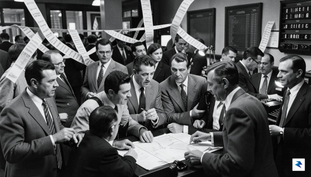 A vintage black and white photograph showing a bustling trading&hellip;