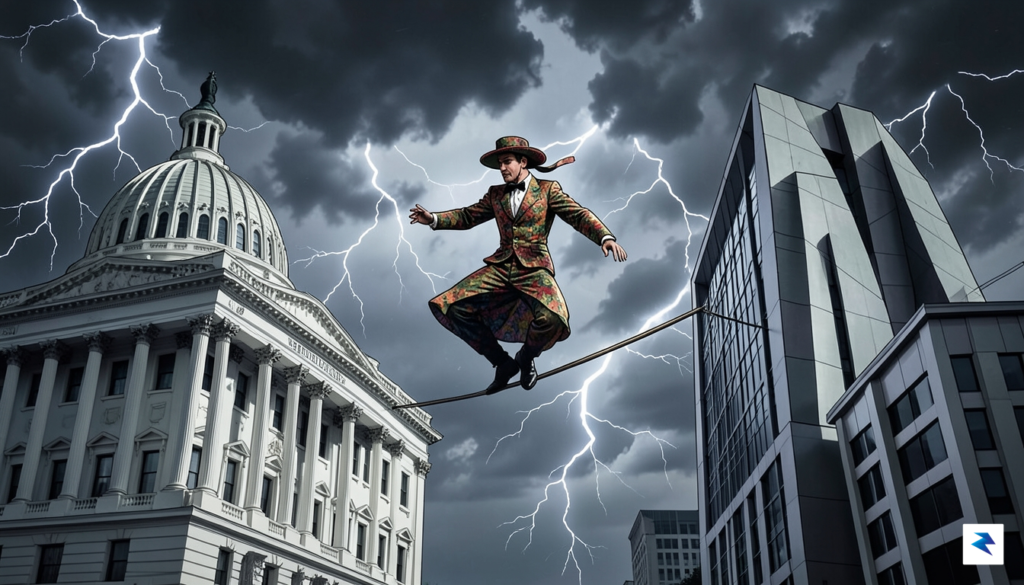 A conceptual image showing a tightrope walker balancing on a&hellip;