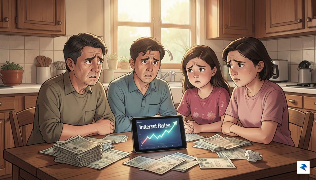 A conceptual illustration showing a worried family sitting at a&hellip;