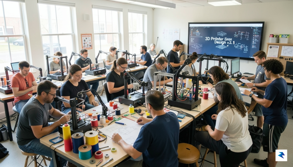 A diverse group of people in a community maker space&hellip;