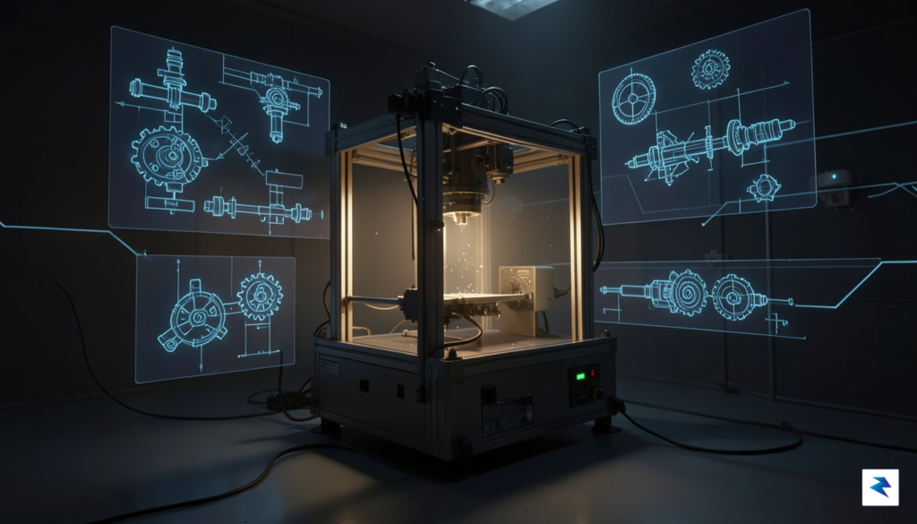 A conceptual digital art piece showing a 3D printer glowing&hellip;