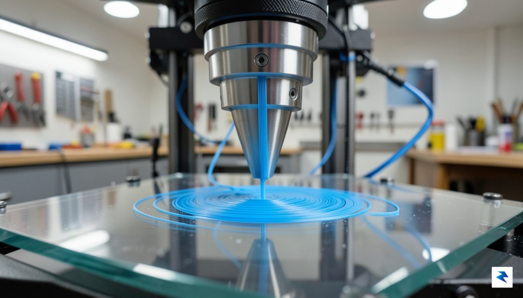 A close-up shot of a modern 3D printer nozzle extruding&hellip;