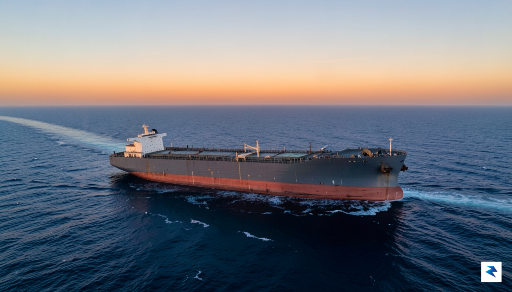 A wide-angle aerial shot of a massive oil tanker cutting&hellip;
