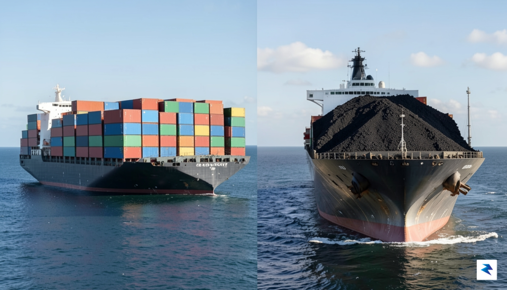 A split image contrasting a large container ship heavily loaded&hellip;