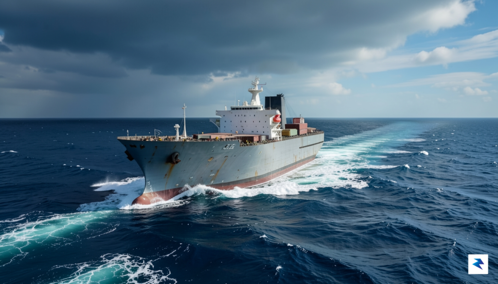 A wide-angle, cinematic shot of a massive oil tanker cutting&hellip;