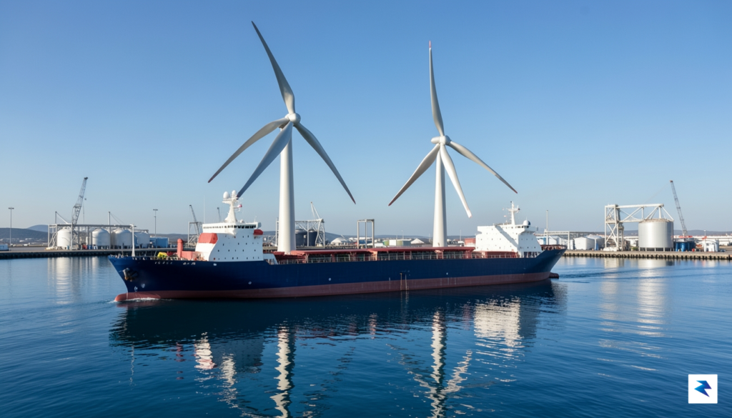 A modern cargo ship with large, futuristic rotor sails on&hellip;