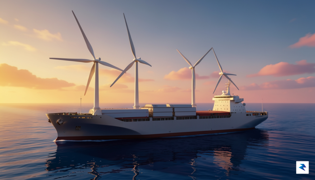A wide-angle digital illustration showing a modern, sleek cargo ship&hellip;