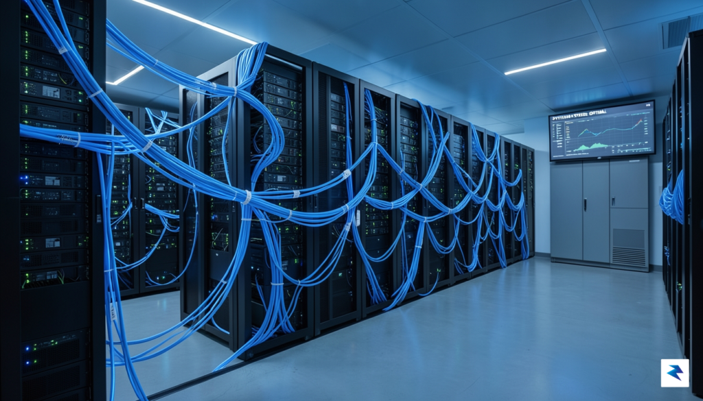 A sleek, high-tech data center server room with glowing blue&hellip;
