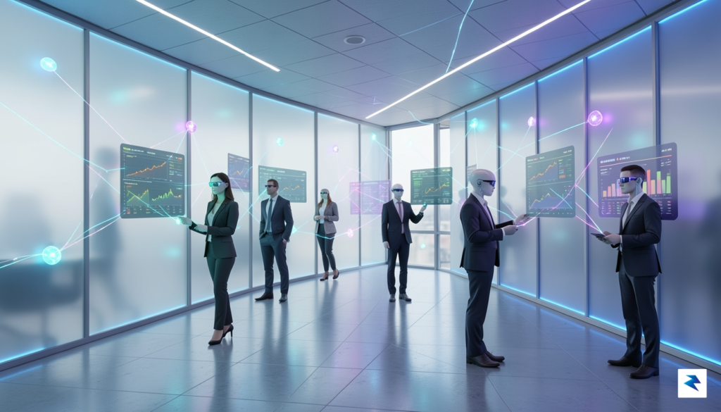 A modern, futuristic office environment where glowing digital nodes and&hellip;