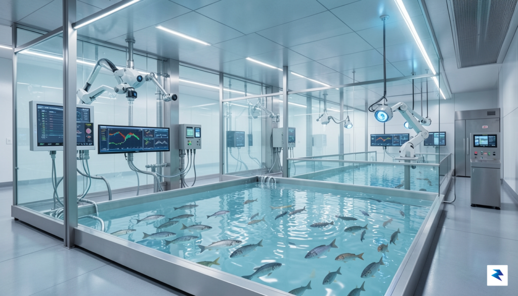 A conceptual, high-resolution digital illustration showing a clean, modern aquaculture…