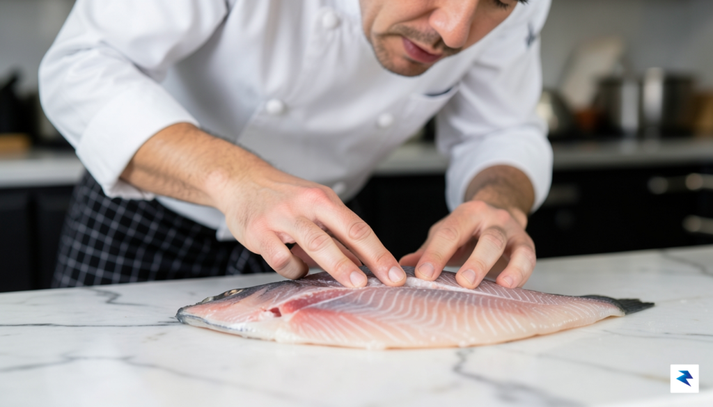 A high-resolution, close-up photograph of a professional chef examining a…