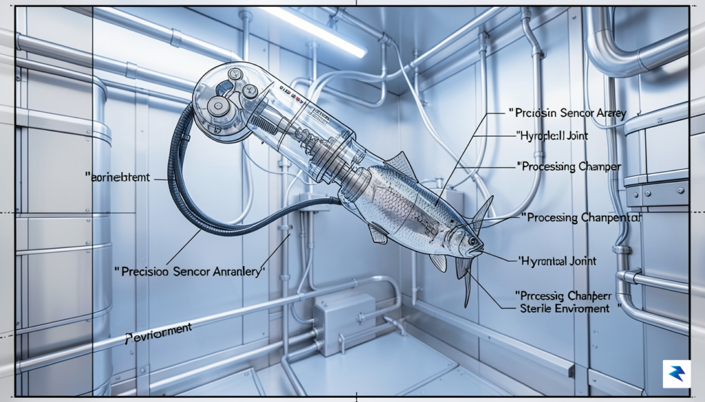 A close-up, high-tech engineering schematic showing a robotic arm with…