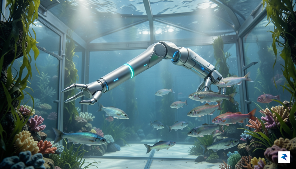 A sleek, high-tech underwater robotic harvesting arm gracefully interacting with…