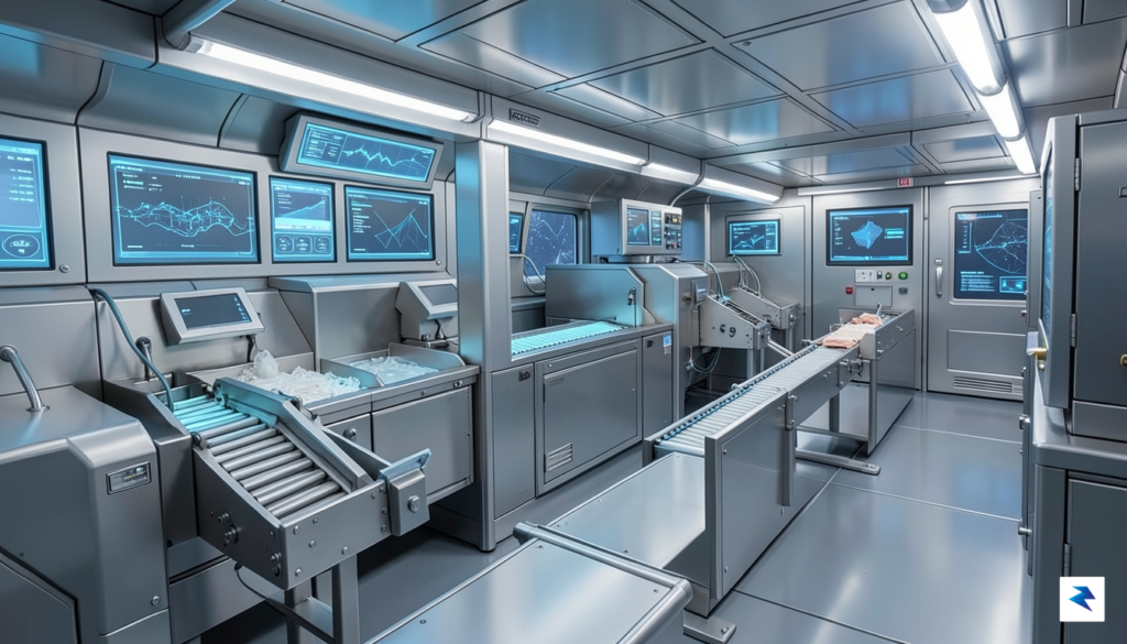 A conceptual digital illustration showing a high-tech, automated fishing vessel…