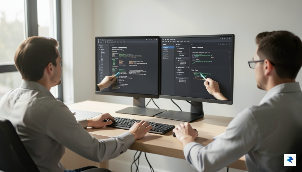 A modern, sleek office workspace showing a split-screen monitor where&hellip;