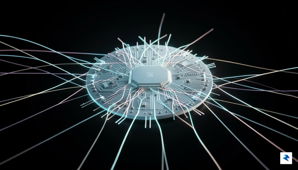 A digital visualization of a semiconductor wafer glowing with interconnected&hellip;