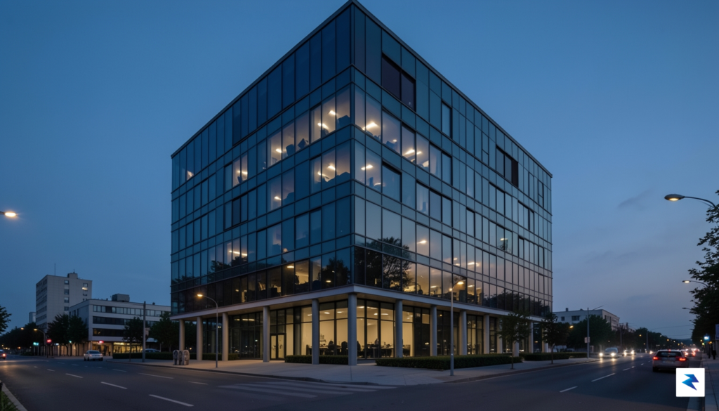A modern, high-tech glass office building at twilight with many&hellip;