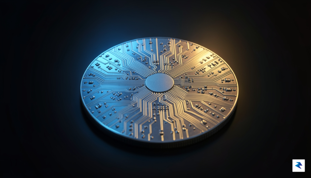 A high-tech, futuristic close-up of a complex silicon wafer illuminated&hellip;