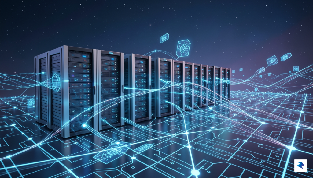 A conceptual digital illustration showing a data center connected to&hellip;