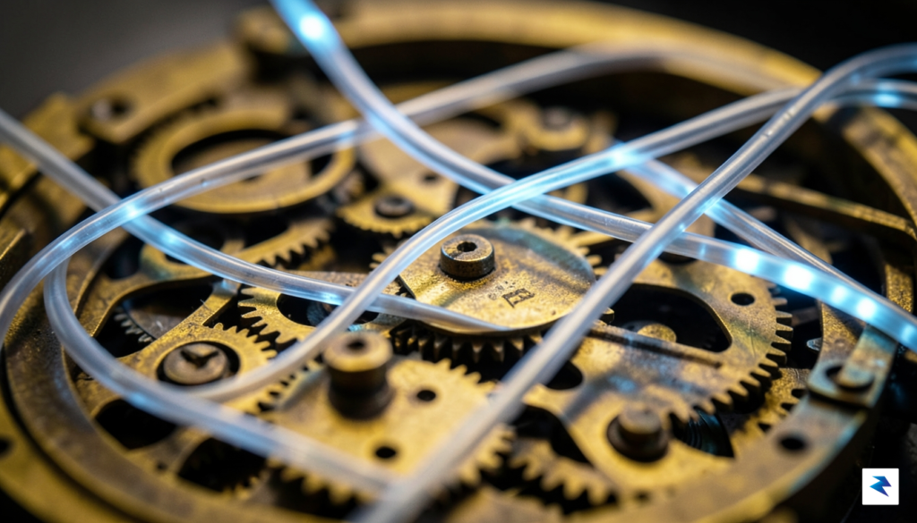 A close-up, high-contrast photograph of a vintage mechanical clock mechanism&hellip;
